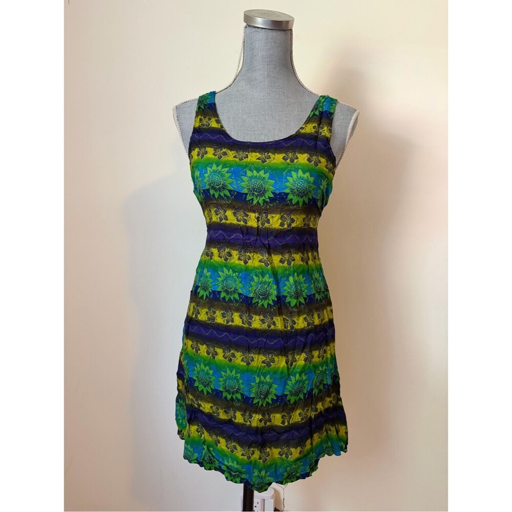 Vintage 90s Sleeveless Green & Blue Sunflower Boho Celestial Stripe Sun Dress